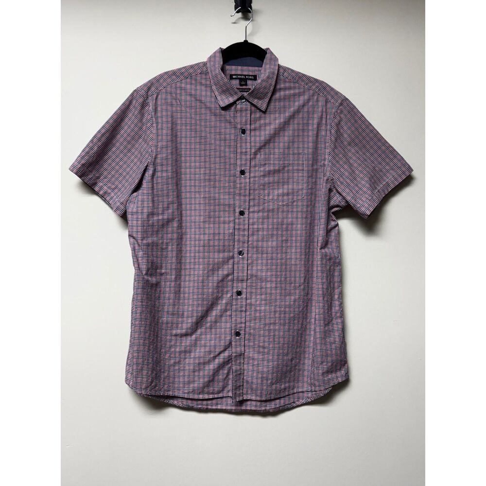 MICHAEL KORS Tailored/Classic Fit Textured Plaid Short Sleeve Button Up, Sz L